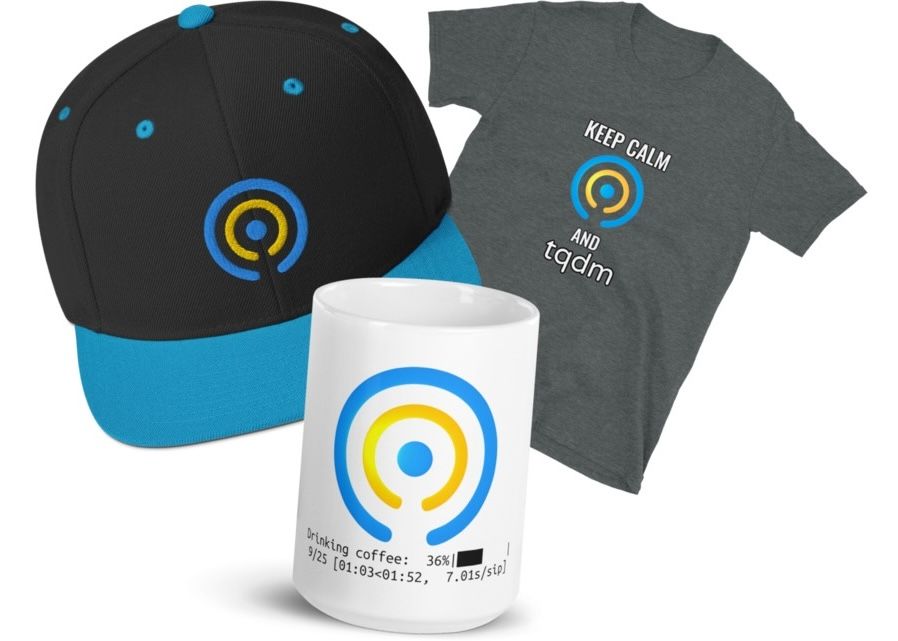 A tqdm snapback hat, mug, and shirt